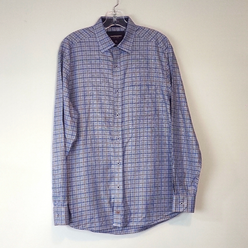 JOHNSTON & MURPHY Brown Blue Plaid Chest Pocket Long Sleeve Button Down Shirt